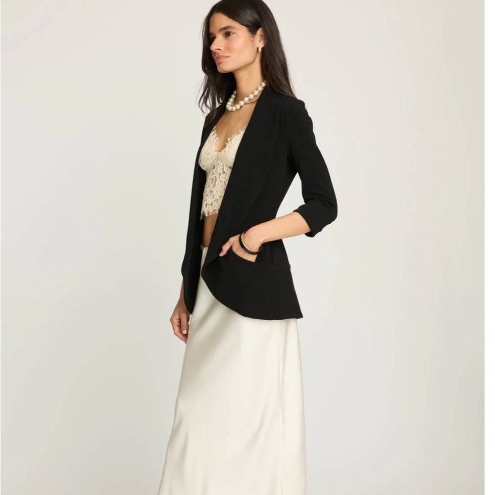 French Mauve Black Open-Front Blazer Jacket - Picture 3 of 8
